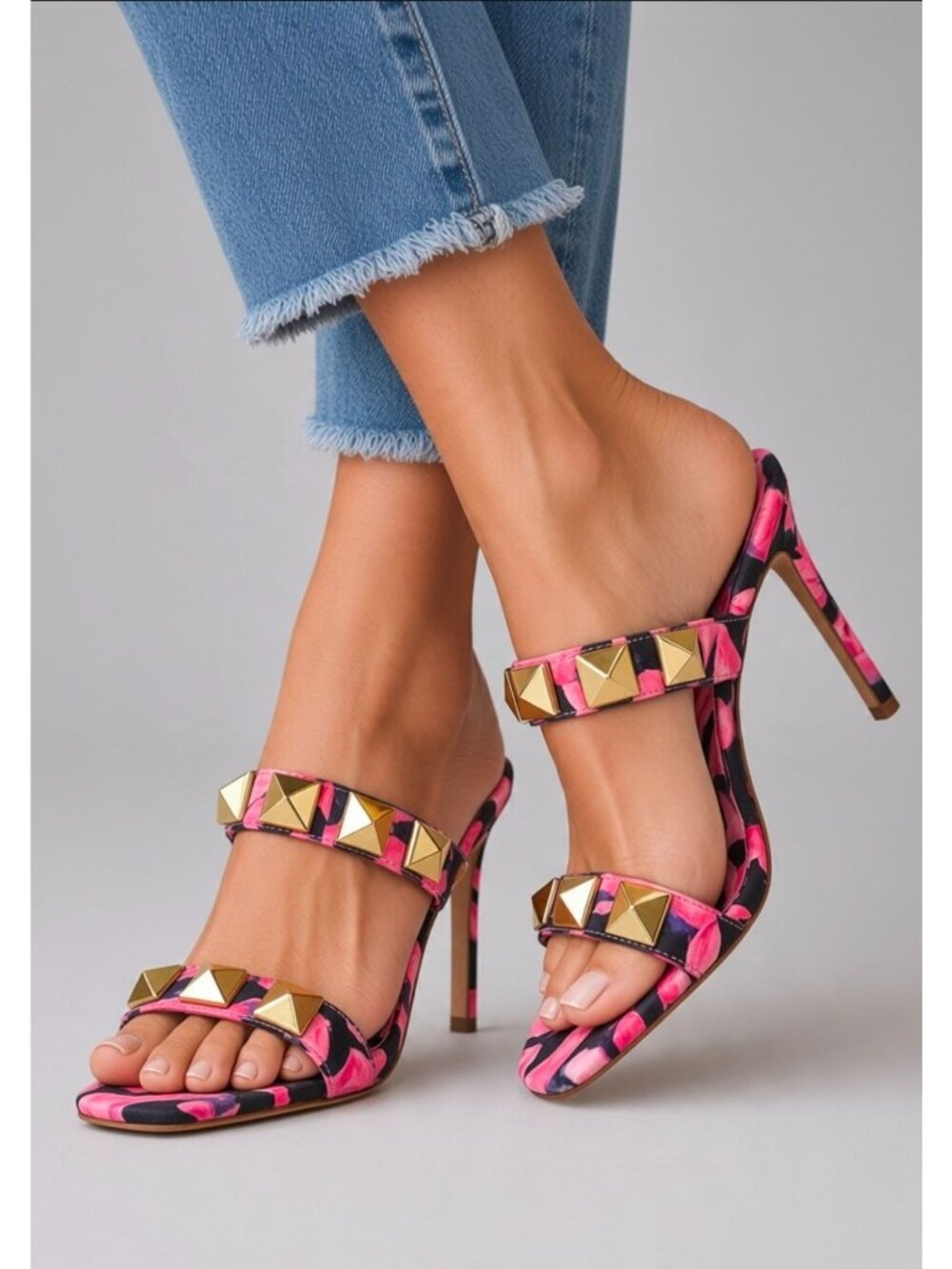 Pink Floral Stiletto Heels With Gold Studded Straps Square Toe Design By Cape Ro